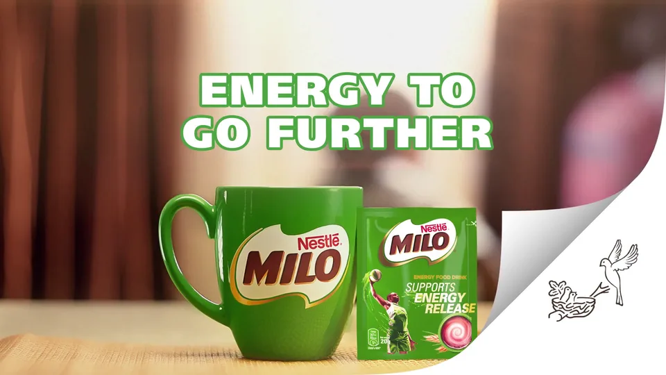 MILO Energy to Go Further, featuring a MILO mug and 20g sachet